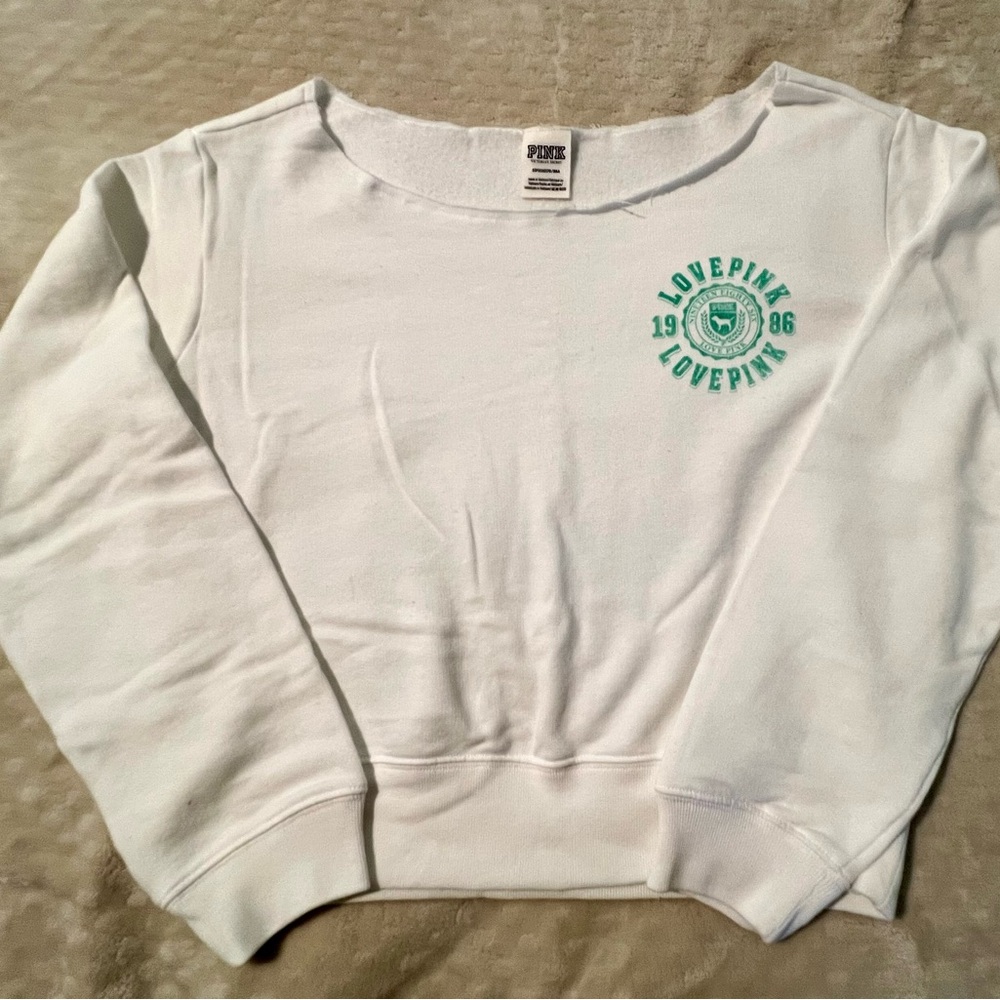PINK Victoria's Secret White and Green Crew Neck Sweater